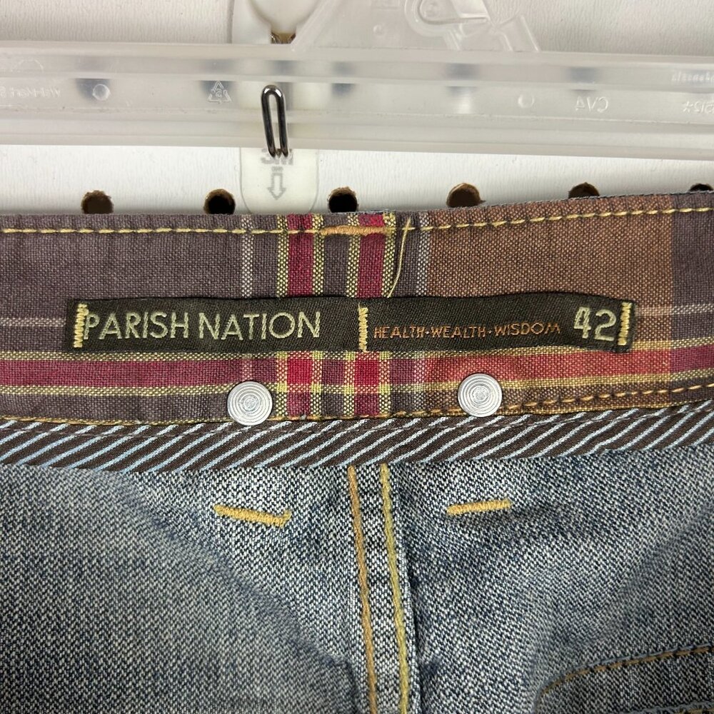 Parish Nation Y2K Blue Jeans 42x34 Distressed Worn Upcycled Skater Grunge Dark - Picture 8 of 9